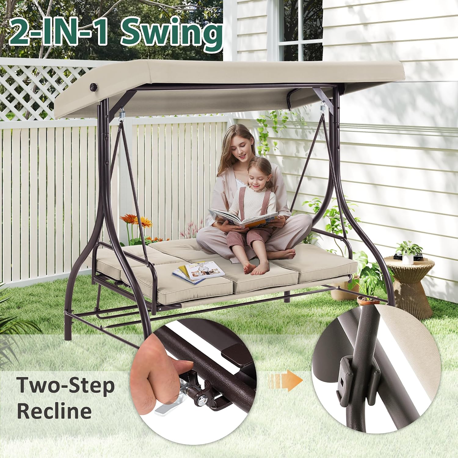 MCombo 3-Seat Outdoor Patio Swing Chair, 2-in-1 Convertible Porch Swing Glider Chair with Removable Cushions, Adjustable Canopy & Pillows for Backyard, Deck, Garden, 4068 (Beige)