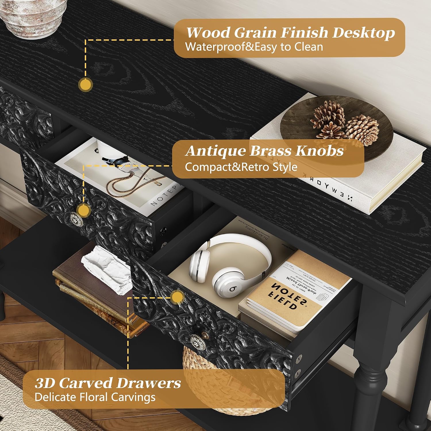 3More Entryway Console Table with 3 Drawers,42' Carved Hallway Table with Open Shelf,Long Sofa Table for Living Room, Hallway, Behind Couch,Black