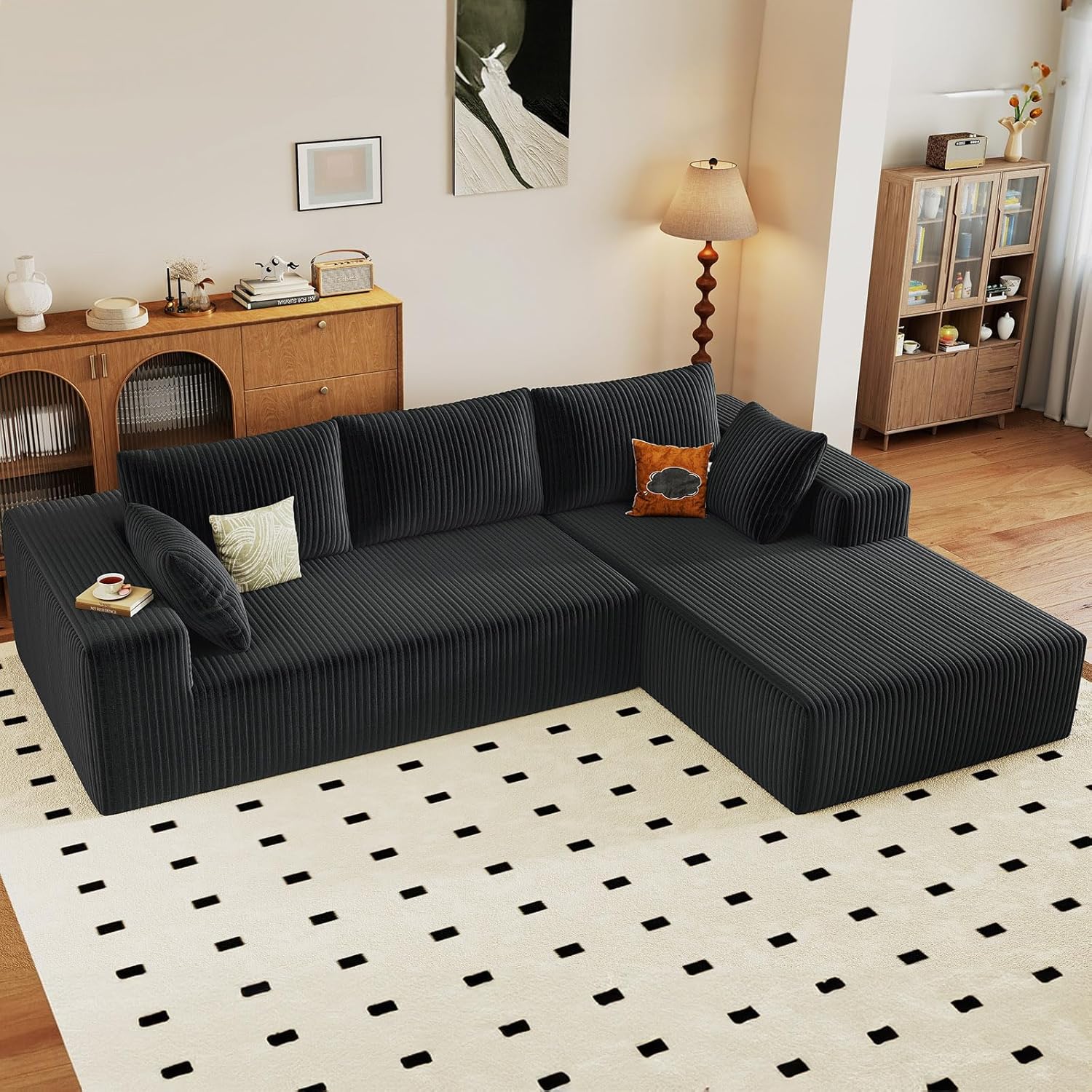 96' Cloud Sectional Couch with L-Shape Chaise, Modern Corduroy Boneless Couch for Living Room,Memory Foam Sofa with Deep Seat,No Assembly Required (Black,Right-Facing Chaise)