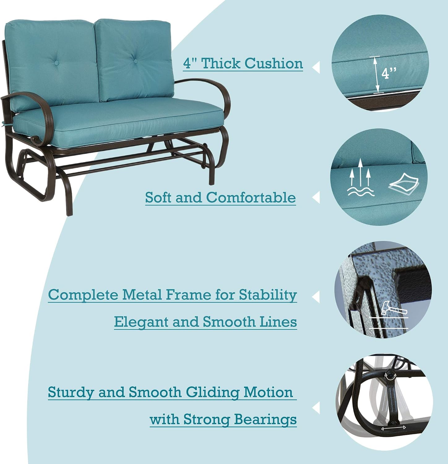 Kozyard Cozy Patio Glider Bench - Outdoor Rocking Loveseat with Sturdy Frame and Cushioned Seats for Patio, Yard - Rocker Swing with Outdoor Seating, Perfect for Porch Outdoo (Blue)