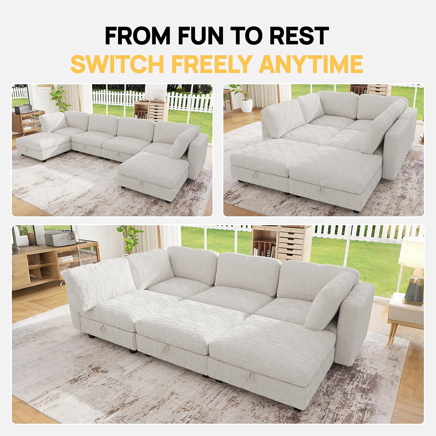 99' Modular Sectional Chenille Sofa bed with Hidden Storage, Comfy Modern 6 Seater Oversized Deep Seat Couch, Modular Sectional with Ottoman and Removable Cover for Living Room, Apartment, Beige