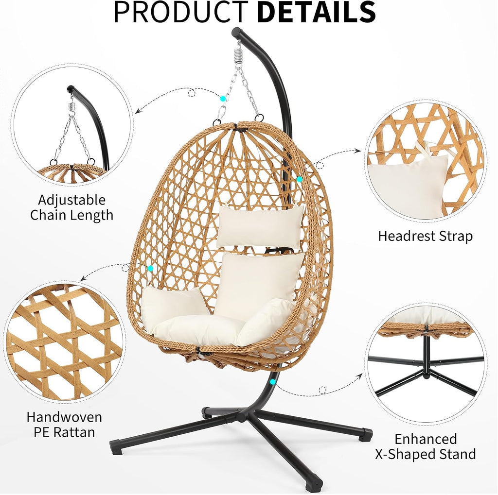 LEX CRAFT Egg Chair with Stand, Patio Wicker Hanging Chair, Hammock Swing Chair, 350LBS Capacity for Bedroom, Balcony, Garden (YE-BE)