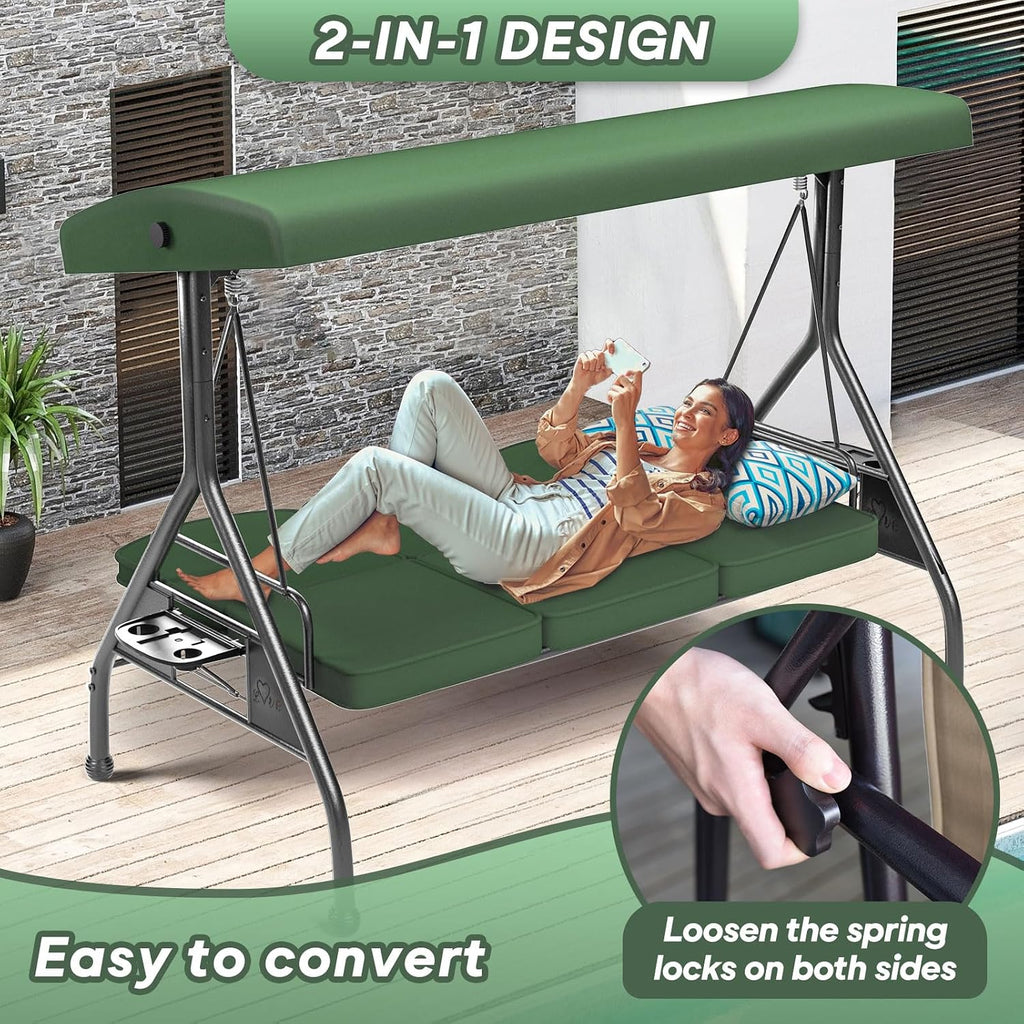 ZZW 3 Seat Outdoor Porch Patio Swing with Stand 800lbs 2-in-1 Convertible Swing Bed with Adjustable Canopy & Removable Cushion for Yard Garden Deck (Green, Round Tube)