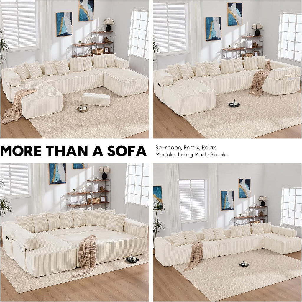 Oversized Cloud Boneless Couch with Chaise, 146' Modern U Shape Modular Deep Seat Sectional Sofa, Comfy Corduroy Upholstered Couches for Living Room, No Assembly Required-Beige