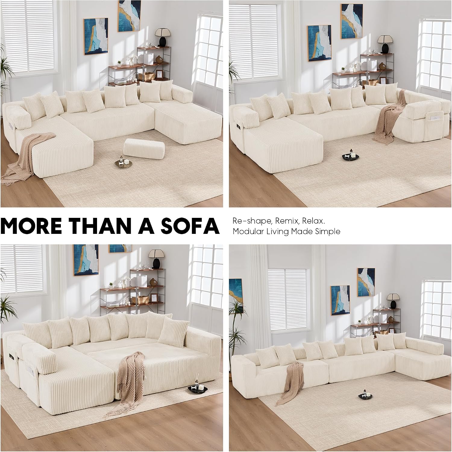 Oversized Cloud Boneless Couch with Chaise, 146' Modern U Shape Modular Deep Seat Sectional Sofa, Comfy Corduroy Upholstered Couches for Living Room, No Assembly Required-Beige