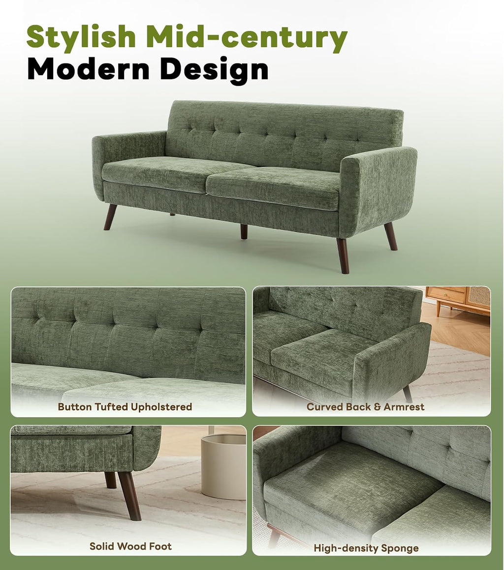 Tbfit 77.2' W Linen Sofa Couch, Mid Century Modern Decor Loveseat Couches for Living Room, Button Tufted Upholstered Small Couch for Bedroom, Solid, and Easy to Install Love Seats Furniture, Green
