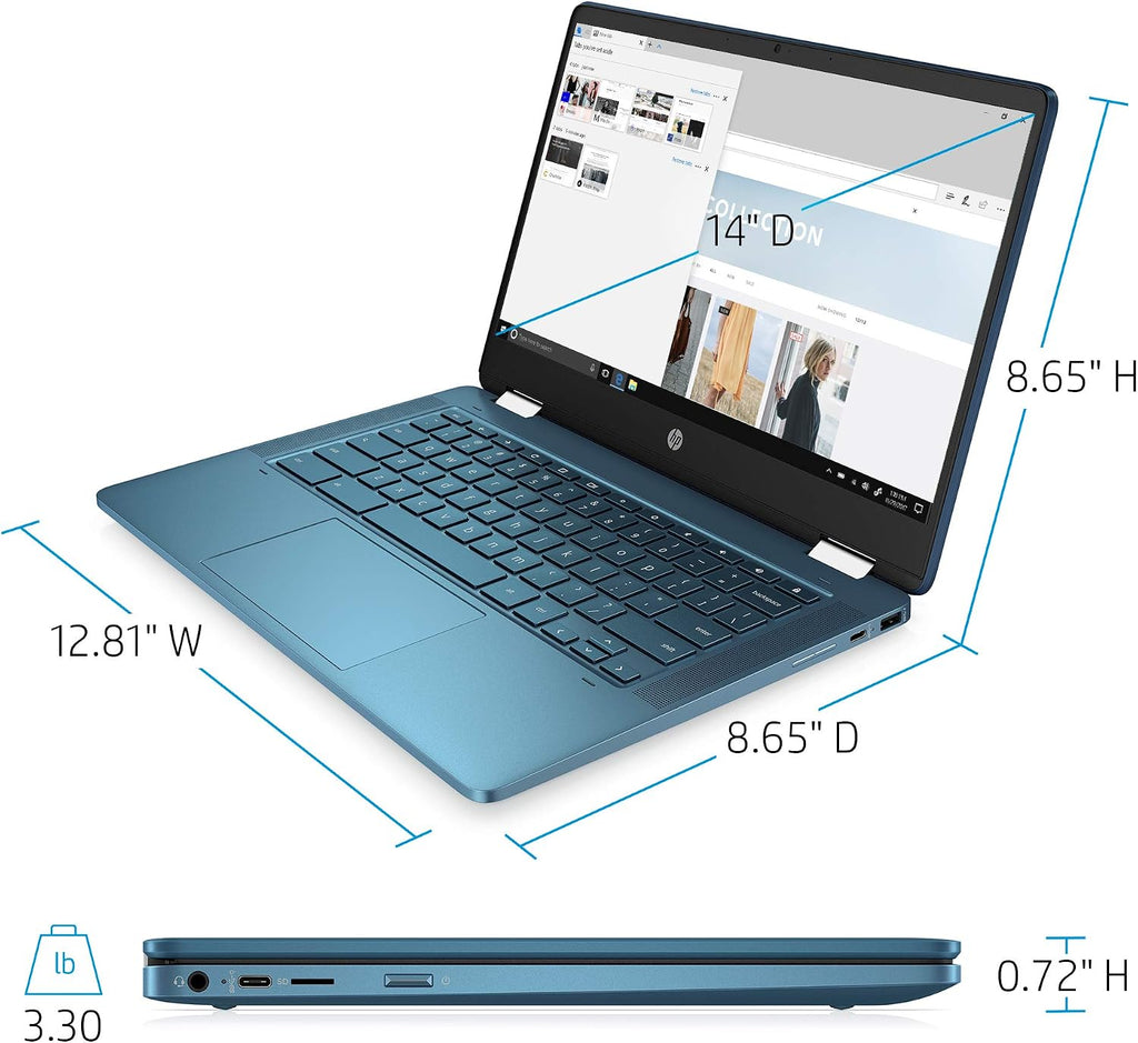 HP Laptop X360 14a Chromebook 14' HD Touchscreen, Entertaining from Any Angle Intel Celeron, 4GB DDR4 64GB eMMC WiFi Webcam Stereo Speakers Bluetooth 4.2 Chrome Blue Metallic Color