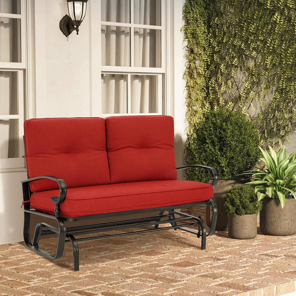 Outdoor Glider Rocking Bench 2 Person Patio Loveseat Steel Frame Furniture Set with Removable Cushion for Patio, Garden, Yard, Porch (Red)
