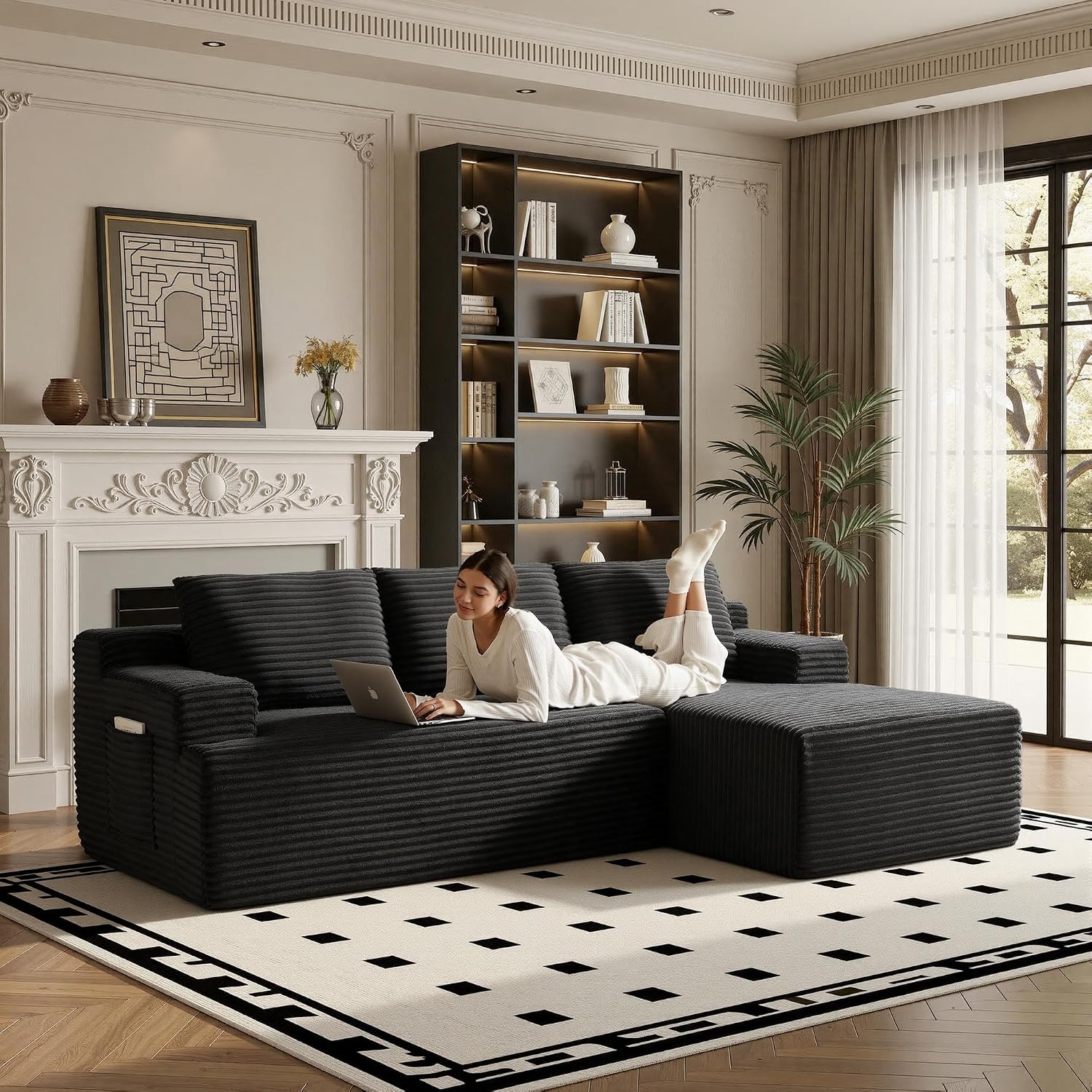 Sectional Couches for Living Room Cloud Couch Sofa with L-Shape Upholstered Boneless Couchs Modern Modular Sectional Couch with Chaise (Black, 96' W+Right Facing Chaise+2Seaters)