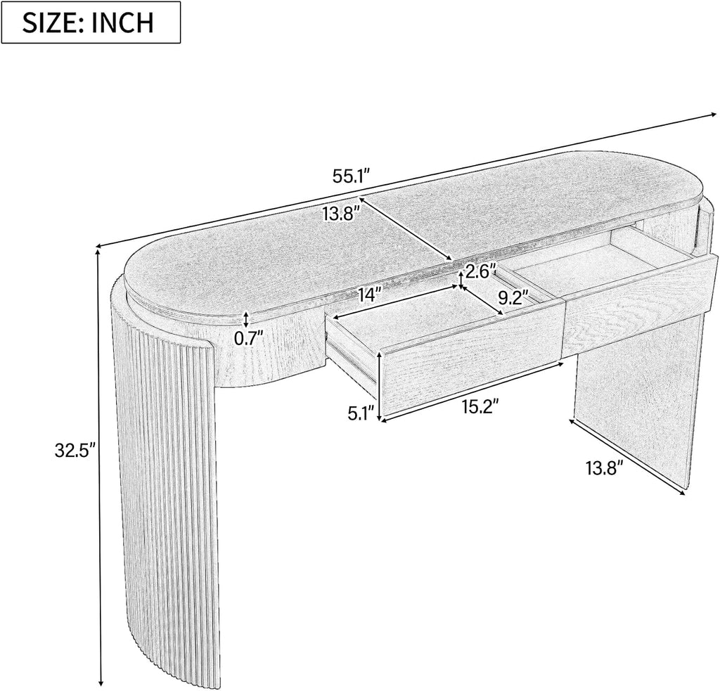LKTART 55' Sofa Table with Oval Top and 2 Drawers, Entryway Console Table with Fluted Design for Hallway,Foyer,Entry and Living Room (Fully Assembled-Pine Wood)