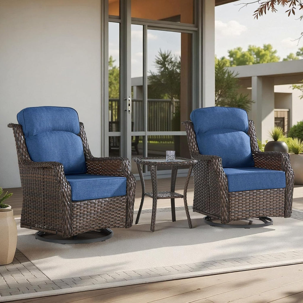 Outdoor Wicker Swivel Rocker Chair with 6-Inch Thick Cushions, High Back Patio Glider Chair, 360° Swivel & Rocking Motion for Porch, Deck, Balcony, Poolside, Brown/Blue