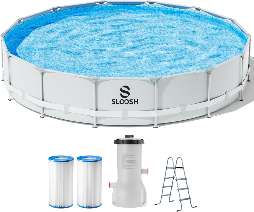 SLOOSH Round Above Ground Pool - 15ft x 42inch Outdoor Round Frame Above Ground Swimming Pool Set Kiddie Pool for Kids Adults with Filter Pump Ladder