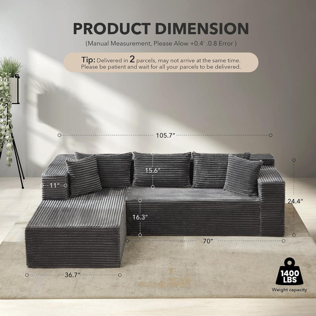 Modular Sectional Sofa Cloud Sectional Couch, 106' Comfy L Shaped Black Couches for Living Room,Oversized Sofa Sleeper with Deep Seat, No Assembly Required