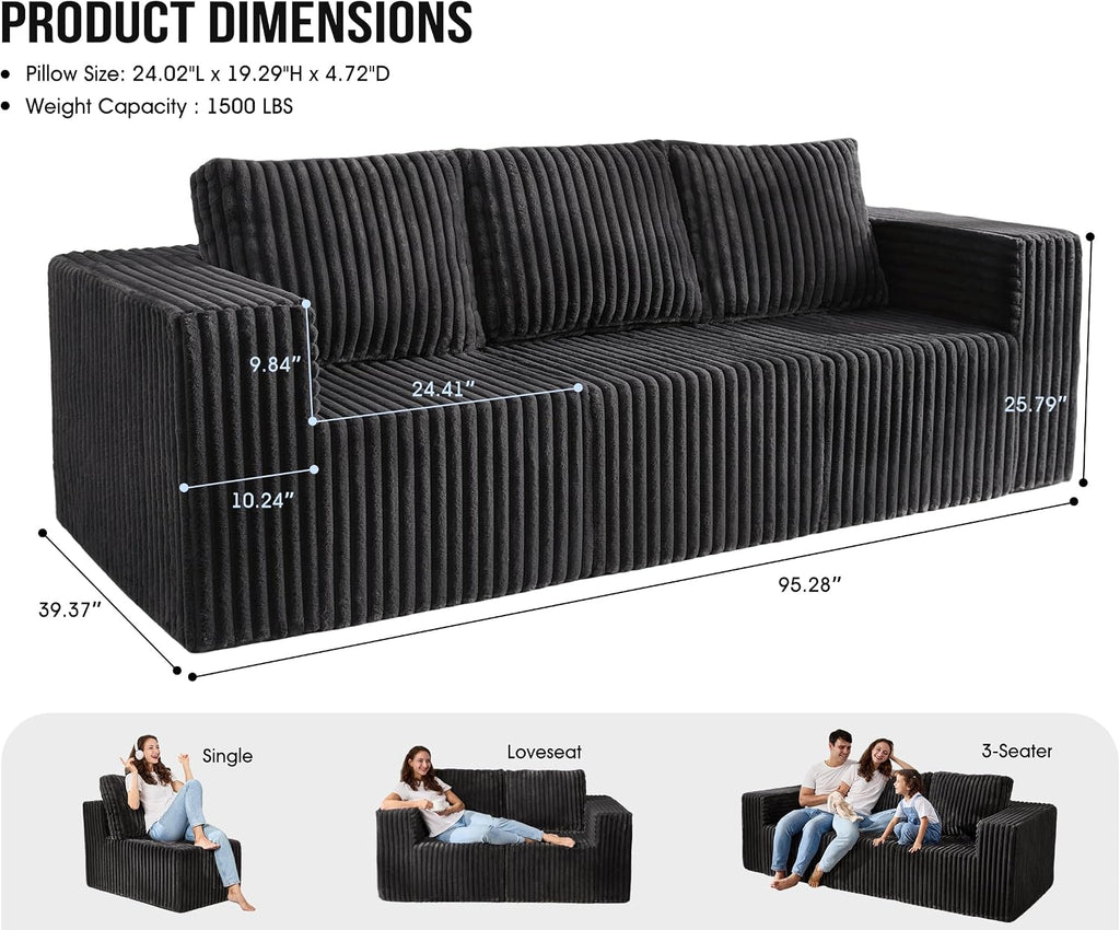 Modular Sectional Sofa 3-Seater Modular Couch with Deep Seat Memory Foam Cloud Chair with Pillows Oversized Sectional Sofa for Living Room Bedroom (Strip Grey, 3-Seater)