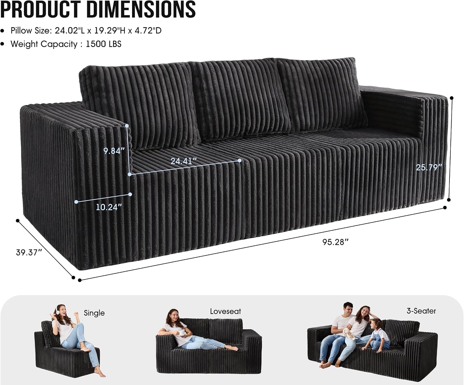 Modular Sectional Sofa 3-Seater Modular Couch with Deep Seat Memory Foam Cloud Chair with Pillows Oversized Sectional Sofa for Living Room Bedroom (Strip Grey, 3-Seater)