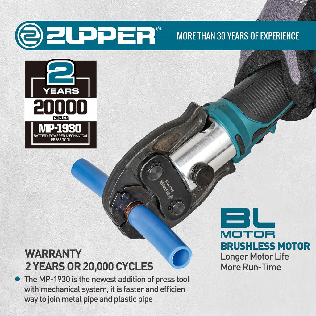 ZUPPER Mini Press Tool kit with 3 PEX Crimp Dies F1807 1/2', 3/4', 1', Brushless Motor, 2pcs Battery, Fast Charger & Carrying Case