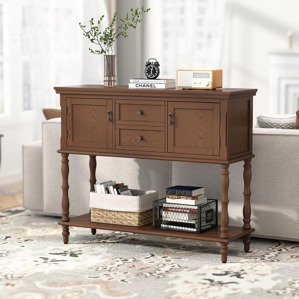 ARTPOWER Console Table for Entryway, Retro Wooden Table with Storage, 2 Doors & Drawers and Open Shelf, Behind Couch Sofa Table for Living Room, Foyer, Hallway, Brown