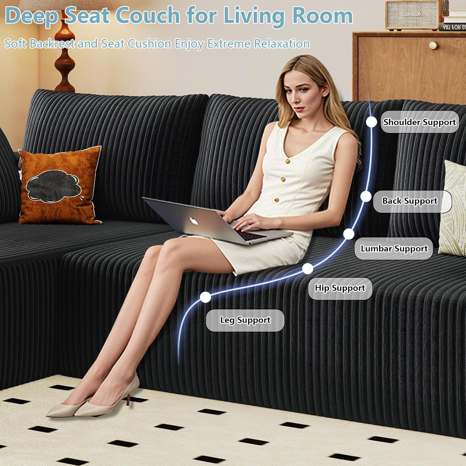 96' Cloud Sectional Couch with L-Shape Chaise, Modern Corduroy Boneless Couch for Living Room,Memory Foam Sofa with Deep Seat,No Assembly Required (Black,Left-Facing Chaise)