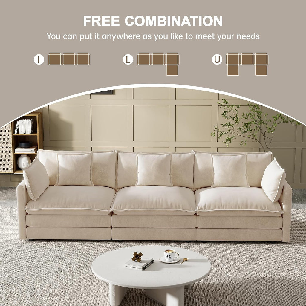 Modular Sectional Sofa, 111.5 Inch I-Shaped Cloud Sofa with Deep Seat Chenille Sofa with Cushions, Three-Self Sectional Sofa for Living Room Apartment,Light Coffee