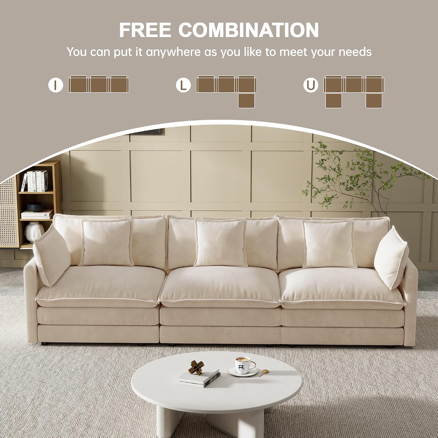 Modular Sectional Sofa, 111.5 Inch I-Shaped Cloud Sofa with Deep Seat Chenille Sofa with Cushions, Three-Self Sectional Sofa for Living Room Apartment,Light Coffee