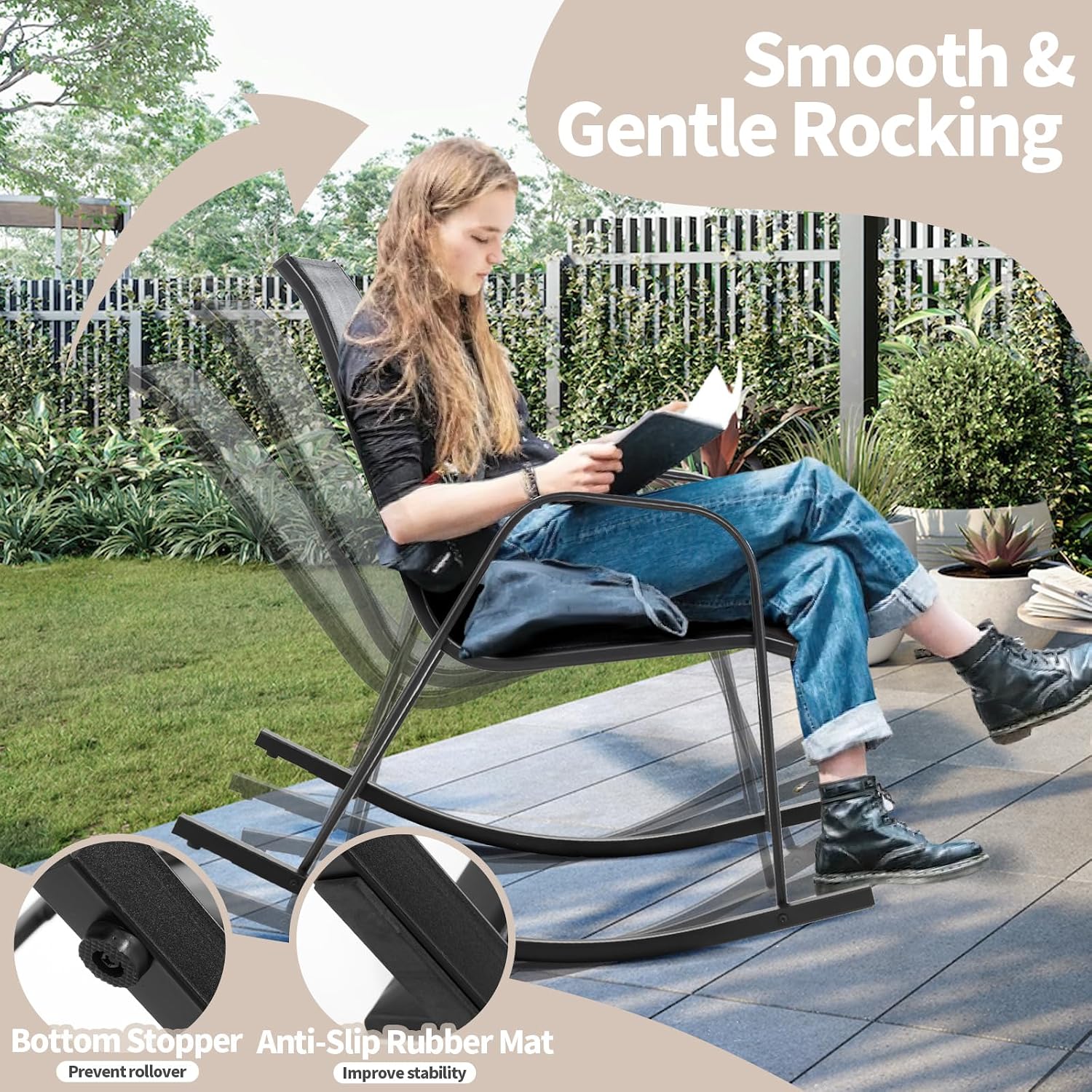 Tangkula Patio Rocking Chair Set of 4, Outdoor Ergonomic Rockers with Breathable Fabric Seat, Gentle Rocking Function, Sturdy Metal Rocker for Front Porch, Backyard, Garden