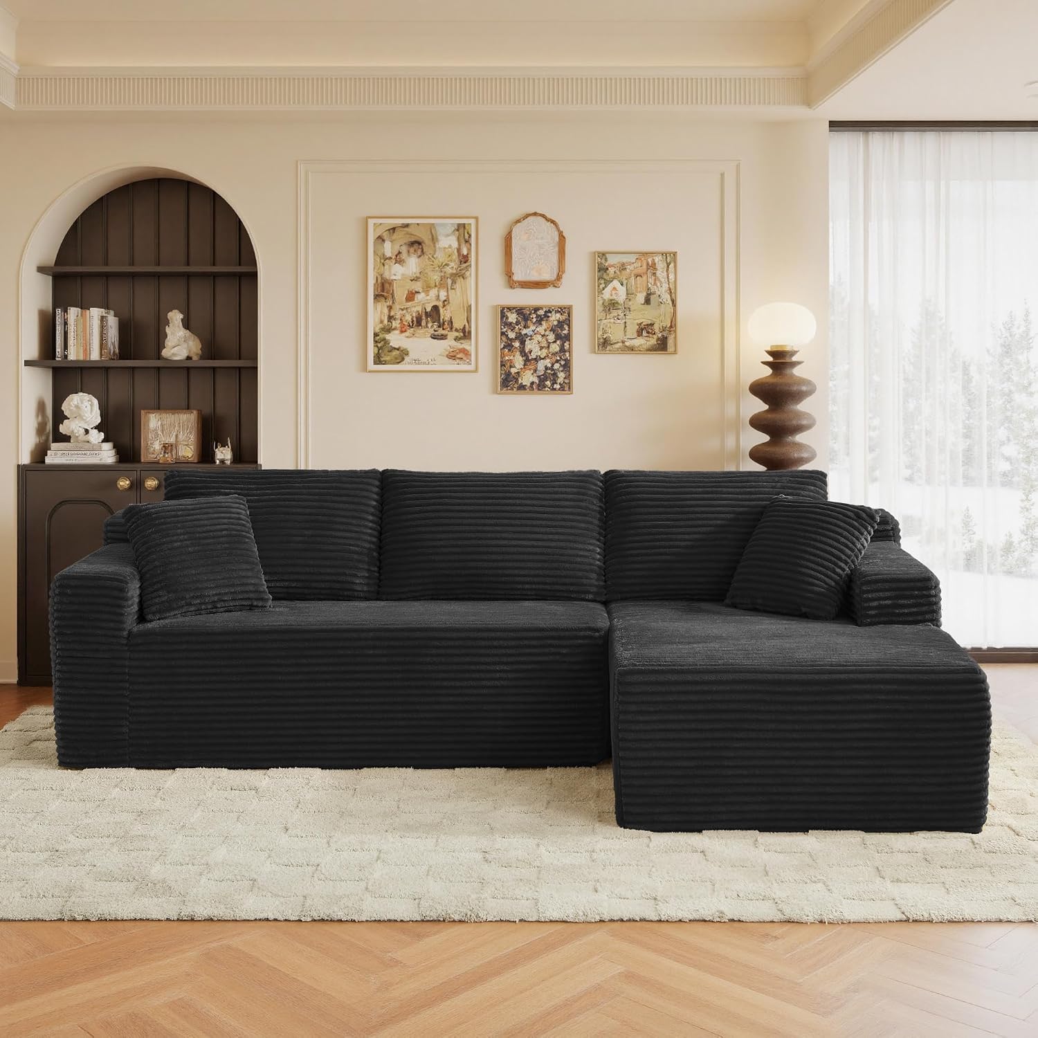 96' Sectional Couches for Living Room Cloud Couch Sofa with L-Shape Upholstered Boneless Couchs Modern Modular Sectional Couch with Chaise (Black, 95' W+Right Facing Chaise+2Seaters)