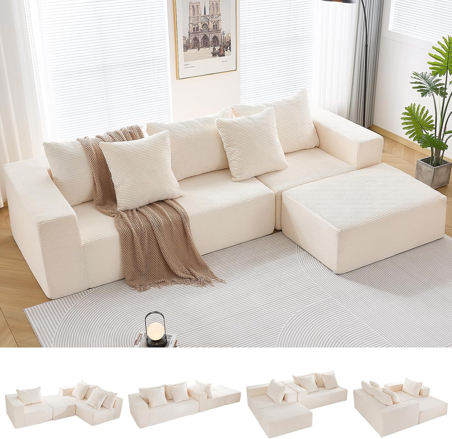 INGEROOM 108' Cloud Sectional Couch with L-Shape Chaise, Modular Sofa Memory Foam, Boneless Sofa with Movable Ottoman, Upholstered Couches for Living Room Bedroom, No Assembly Required, Beige