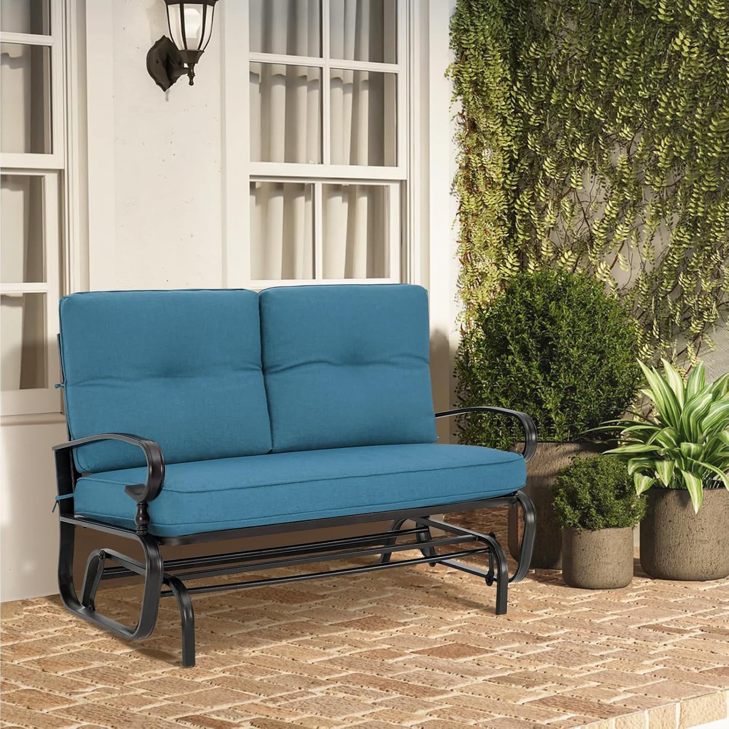 Outdoor Glider Rocking Bench 2 Person Patio Loveseat Steel Frame Furniture Set for Patio, Garden, Yard, Porch with Resistant Cushions (Peacock Blue)