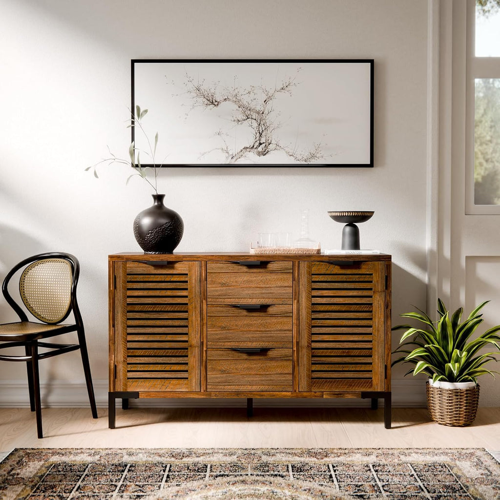 Bme Millie Premium Solid Wood Sideboard Storage Cabinet with Storage, Pre-Assembled with 3 Drawers & 2 Doors, Adjustable Shelves