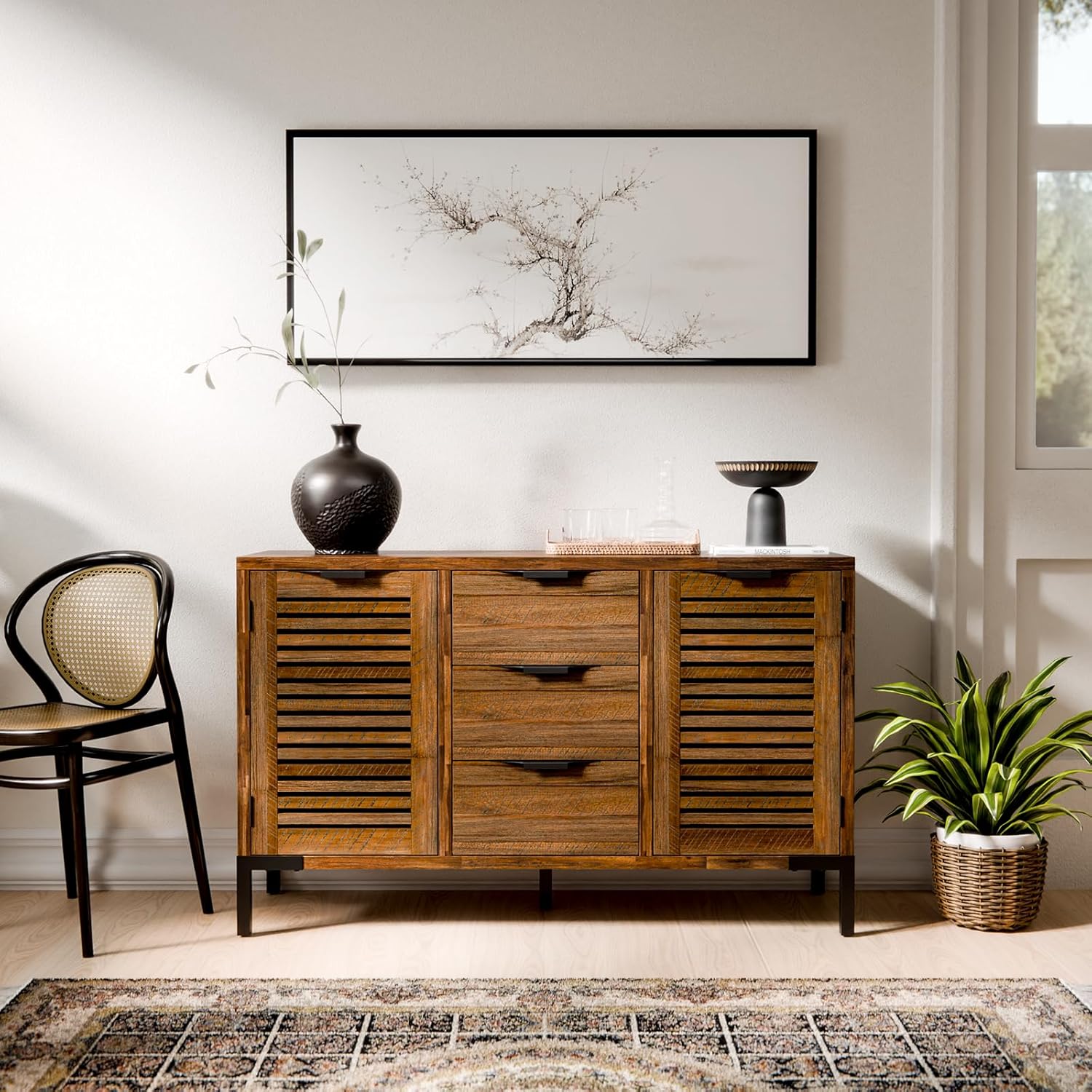 Bme Millie Premium Solid Wood Sideboard Storage Cabinet with Storage, Pre-Assembled with 3 Drawers & 2 Doors, Adjustable Shelves