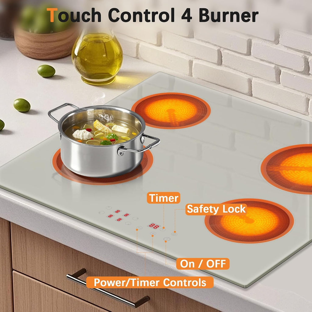 Electric Cooktop 24 Inch - 4 Burner Electric Cooktop Built-in 6000W Beige-Grey, 24 Inches Electrical Four Burner Stove Top with 99-Min Timer, Safety Lock, 220-240V Hard Wired (No Plug)