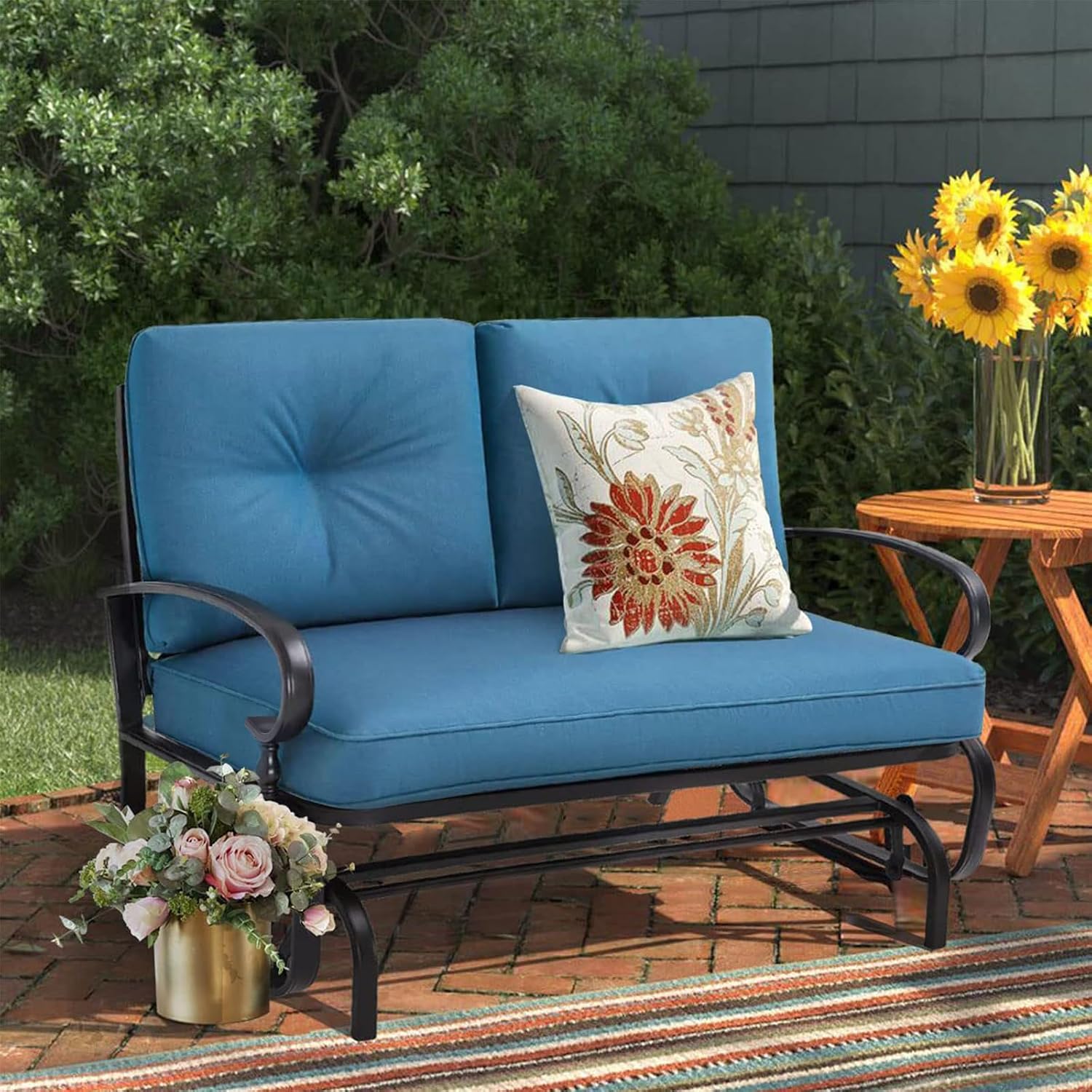 Outdoor Glider Rocking Bench 2 Person Patio Loveseat Steel Frame Furniture Set for Patio, Garden, Yard, Porch with Resistant Cushions (Peacock Blue)