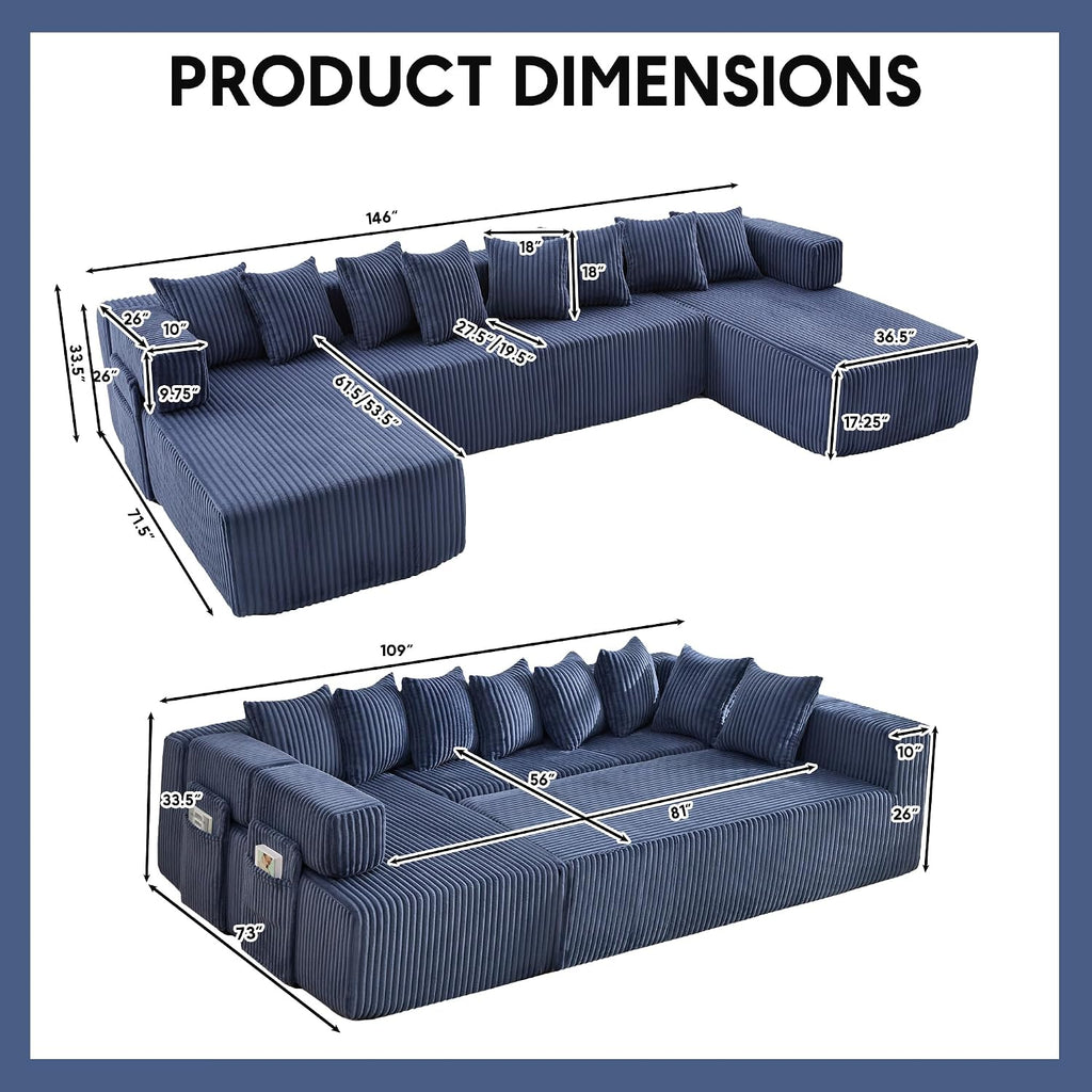 Oversized Cloud Boneless Couch with Chaise, 146' Modern U Shape Modular Deep Seat Sectional Sofa, Comfy Corduroy Upholstered Couches for Living Room, No Assembly Required-Blue