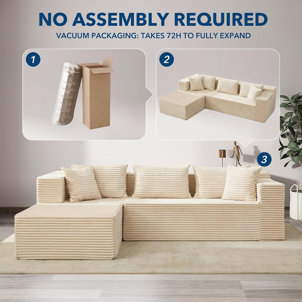Boneless Couch, 106' Left Corduroy Cloud Couch Sectional，Vacuum Compressed Couch, L-Shaped Modular Sectional Couch with Chaise Lounge, Boneless Couch for Living Room, Comfy Compact Apartment Sofa