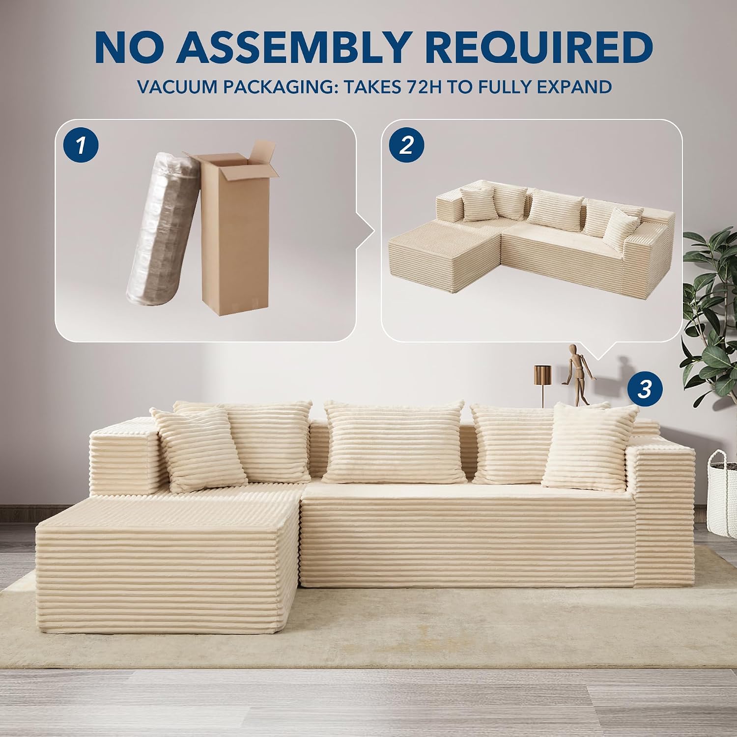 Boneless Couch, 106' Left Corduroy Cloud Couch Sectional，Vacuum Compressed Couch, L-Shaped Modular Sectional Couch with Chaise Lounge, Boneless Couch for Living Room, Comfy Compact Apartment Sofa