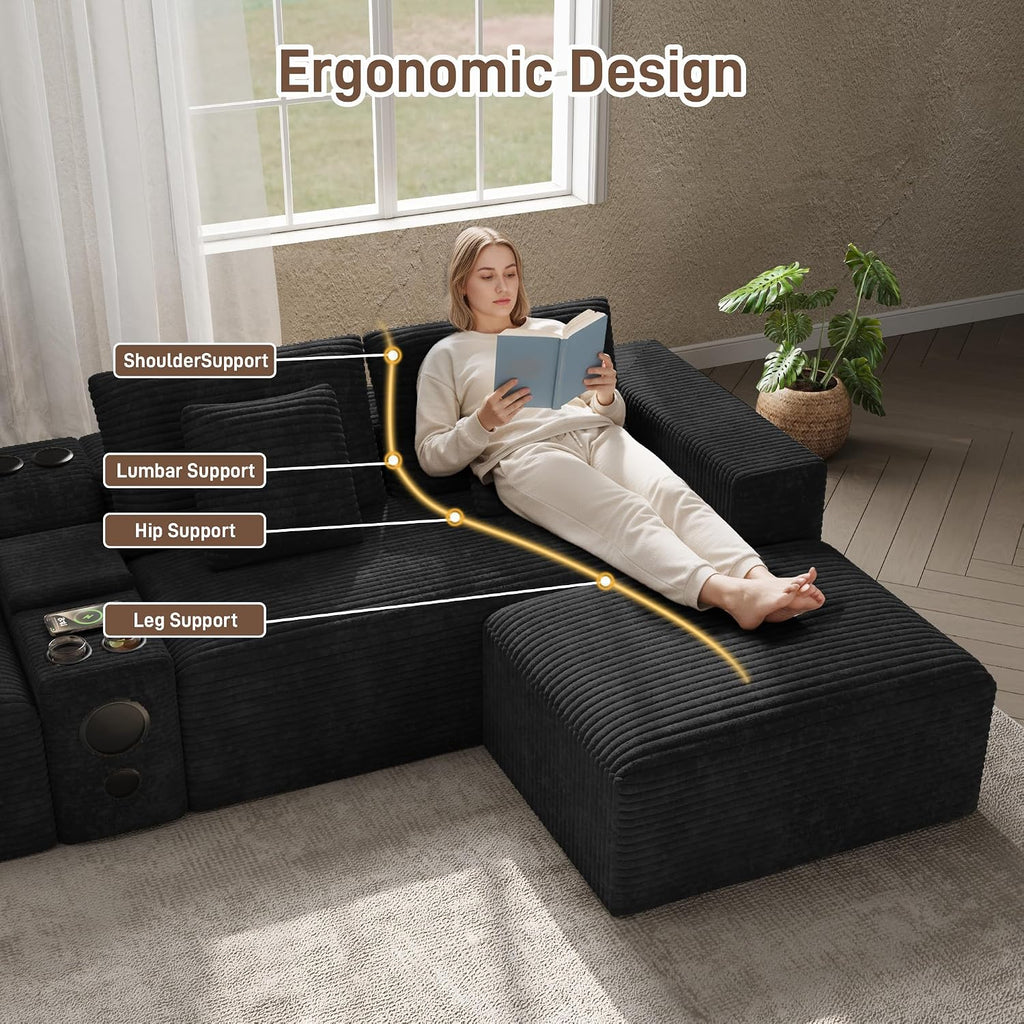 152' Oversized U Shaped Cloud Couches for Living Room, Fluffy Large Modular Sectional Sofa Set with Ottoman Chaise Comfy Corduroy Black Boneless Couch with Cup Holder Bluetooth Speaker USB Port