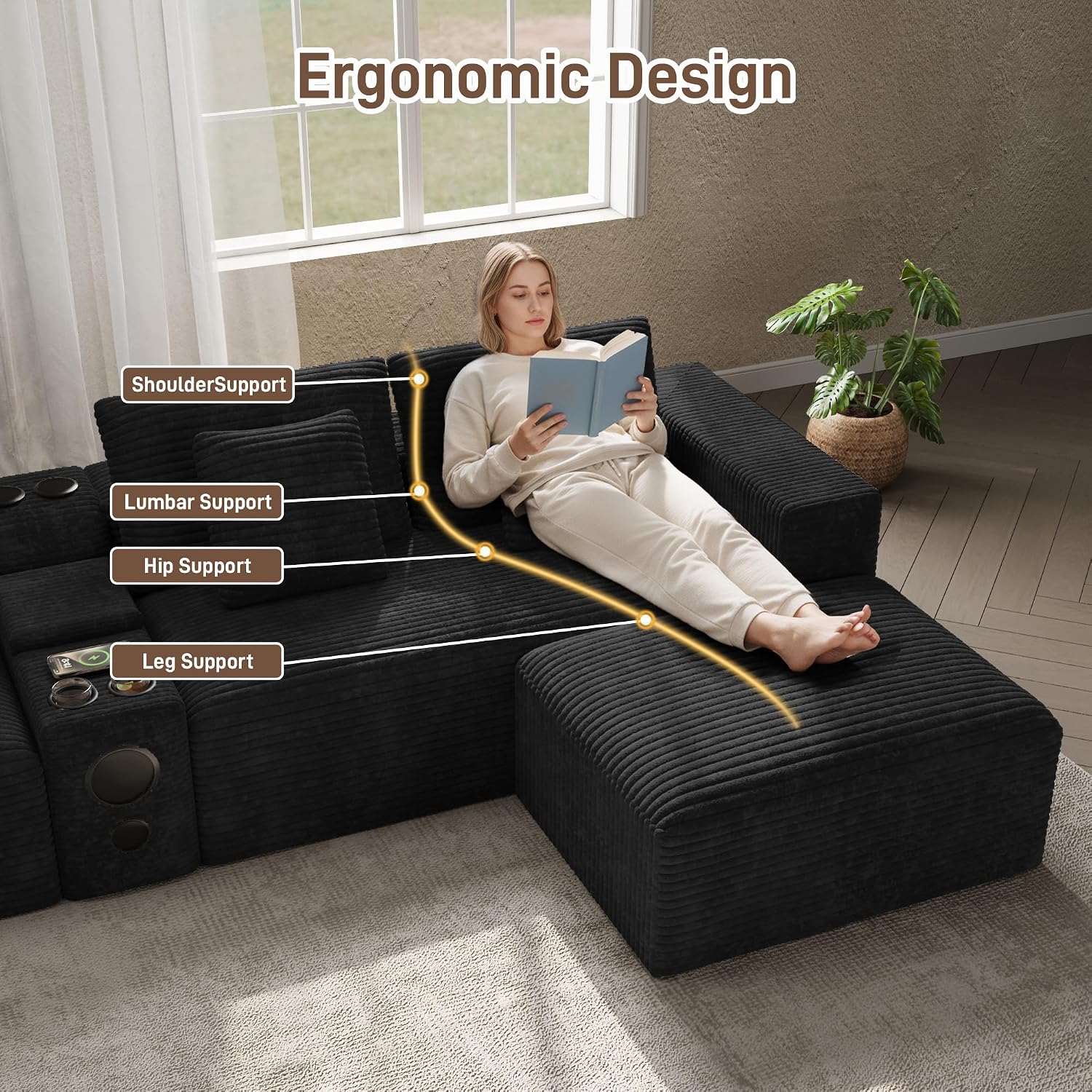 152' Oversized U Shaped Cloud Couches for Living Room, Fluffy Large Modular Sectional Sofa Set with Ottoman Chaise Comfy Corduroy Black Boneless Couch with Cup Holder Bluetooth Speaker USB Port