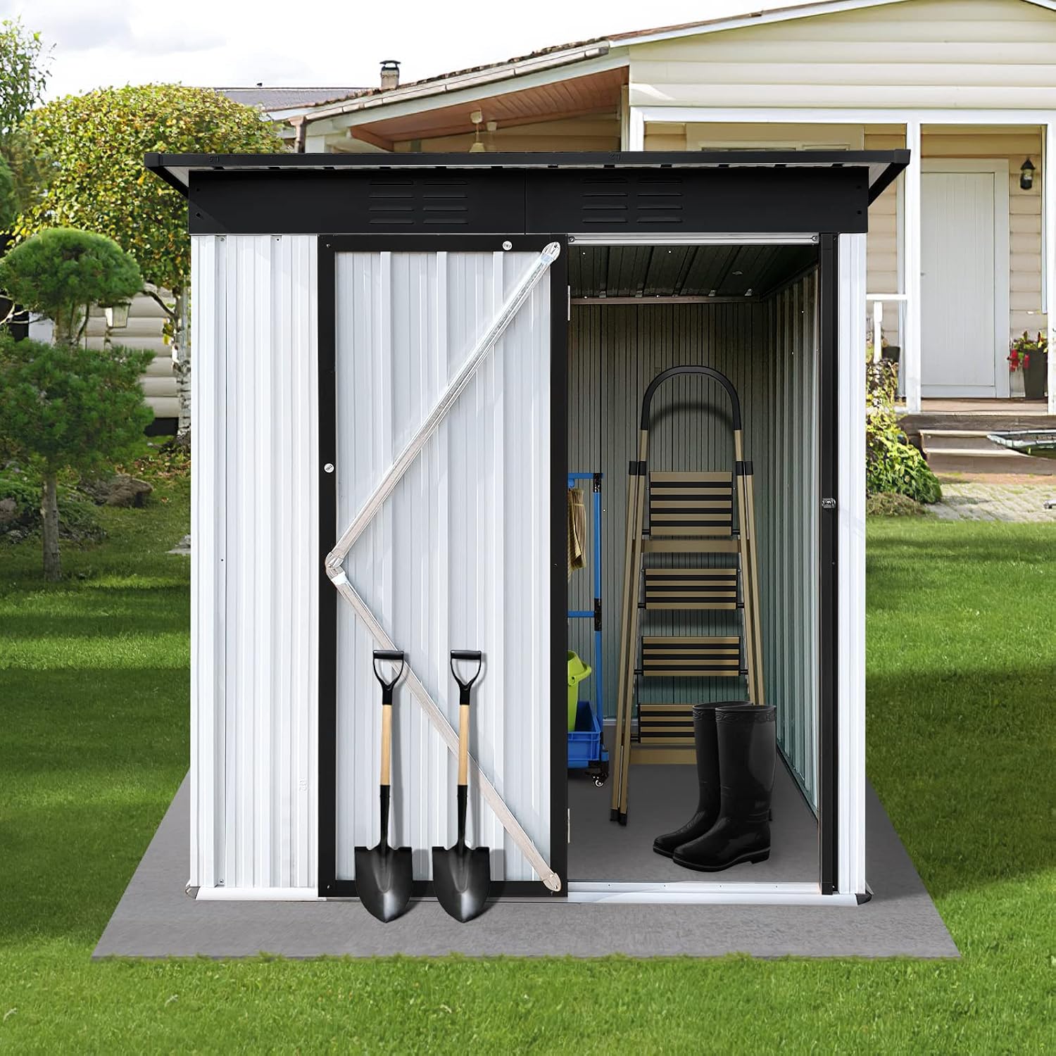 Ritsu 5Ft x 3Ft Outdoor Metal Garden Shed, Steel Garden Storage Shed with Single Lockable Door & Vents, Waterproof Anti-Corrosion Tool Storage Clearance for Backyard Patio Lawn, White+Black