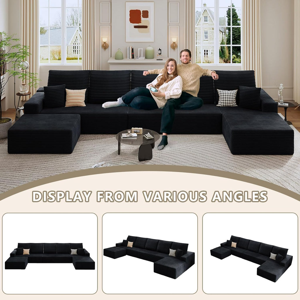 166.9' Cloud Sectional Couch with U-Shaped Chaise, Corduroy Sectional Sofa with Ottoman, Boneless Couch with Deep Seat in a Box for Living Room, No Assembly Required (Black, Right Facing Chaise)