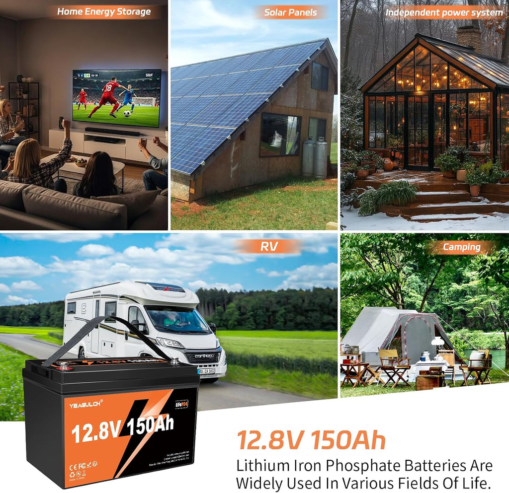2X 12V 150Ah LiFePO4 Lithium Battery Built-in 100A BMS 1920Wh 15000+ Deep Cycle Rechargable Low Temp Cut Off Battery for Camping, Solar, RV, Marine, Off-Grid Applications