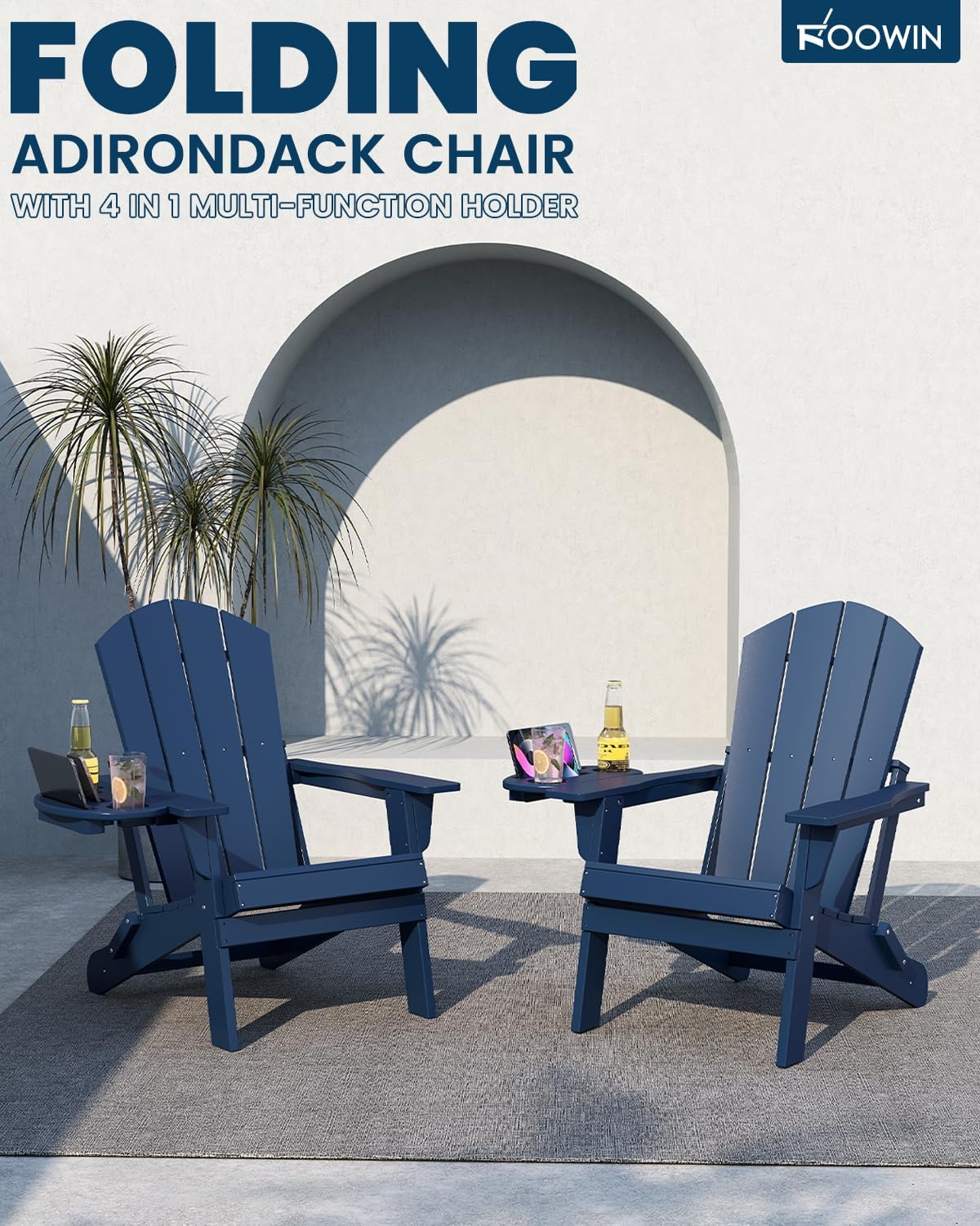 FOOWIN Folding Adirondack Chair Set of 8, HDPE Adirondack Chairs with Cup Holder, Weather Resistant Plastic Fire Pit Chairs for Outdoor, Patio, Lawn, Garden, Backyard, Deck, Dark Blue