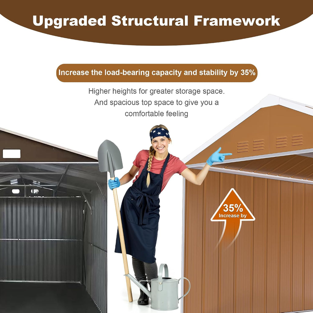 10x8 FT Outdoor Steel Storage Shed with Clear Windows, Sliding Lockable Door & Ventilation, Brown and White Weather-Resistant Metal Tool Shed for Garden, Backyard, Lawn, and Utility Storage