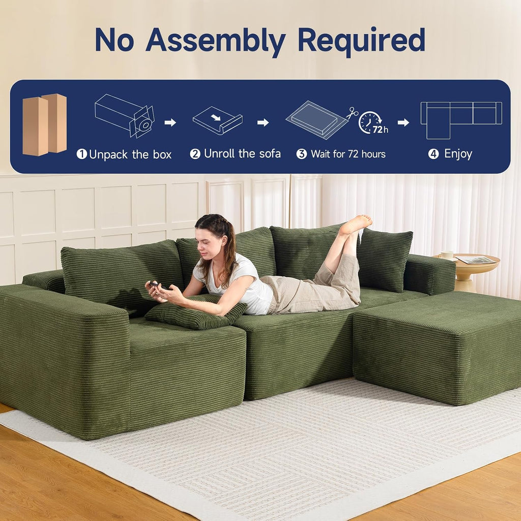 Brage Living 2025 New 108' Cloud Couch Sectional, Comfy Boneless Modular Sectional Sofa with L-Shaped Chaise, Deep Seat Couch for Living Room, No Assembly Required (Green, Chaise Ottoman)