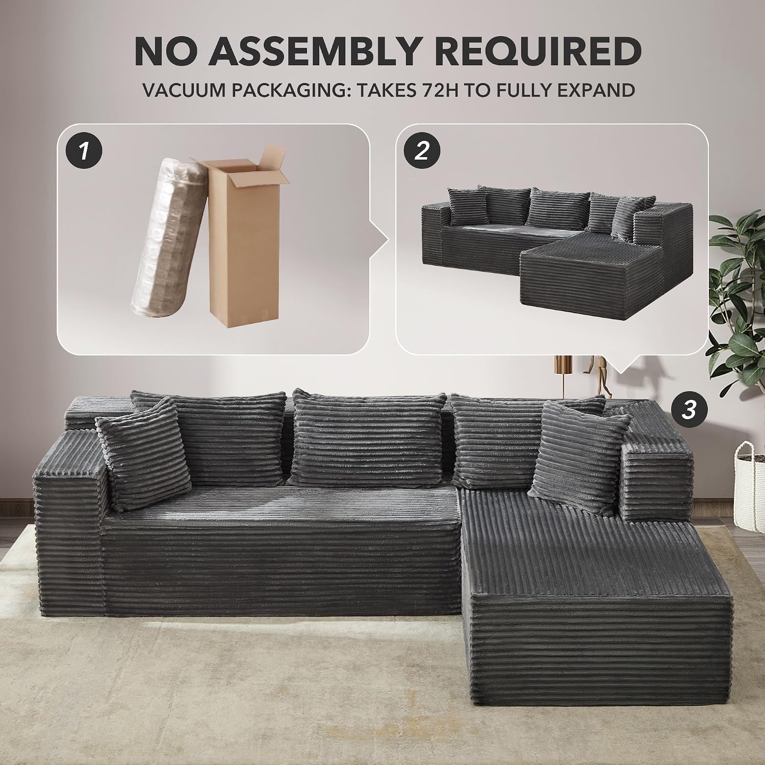 Modular Sectional Sofa Cloud Sectional Couch, 106' Comfy L Shaped Black Couches for Living Room,Oversized Sofa Sleeper with Deep Seat, No Assembly Required
