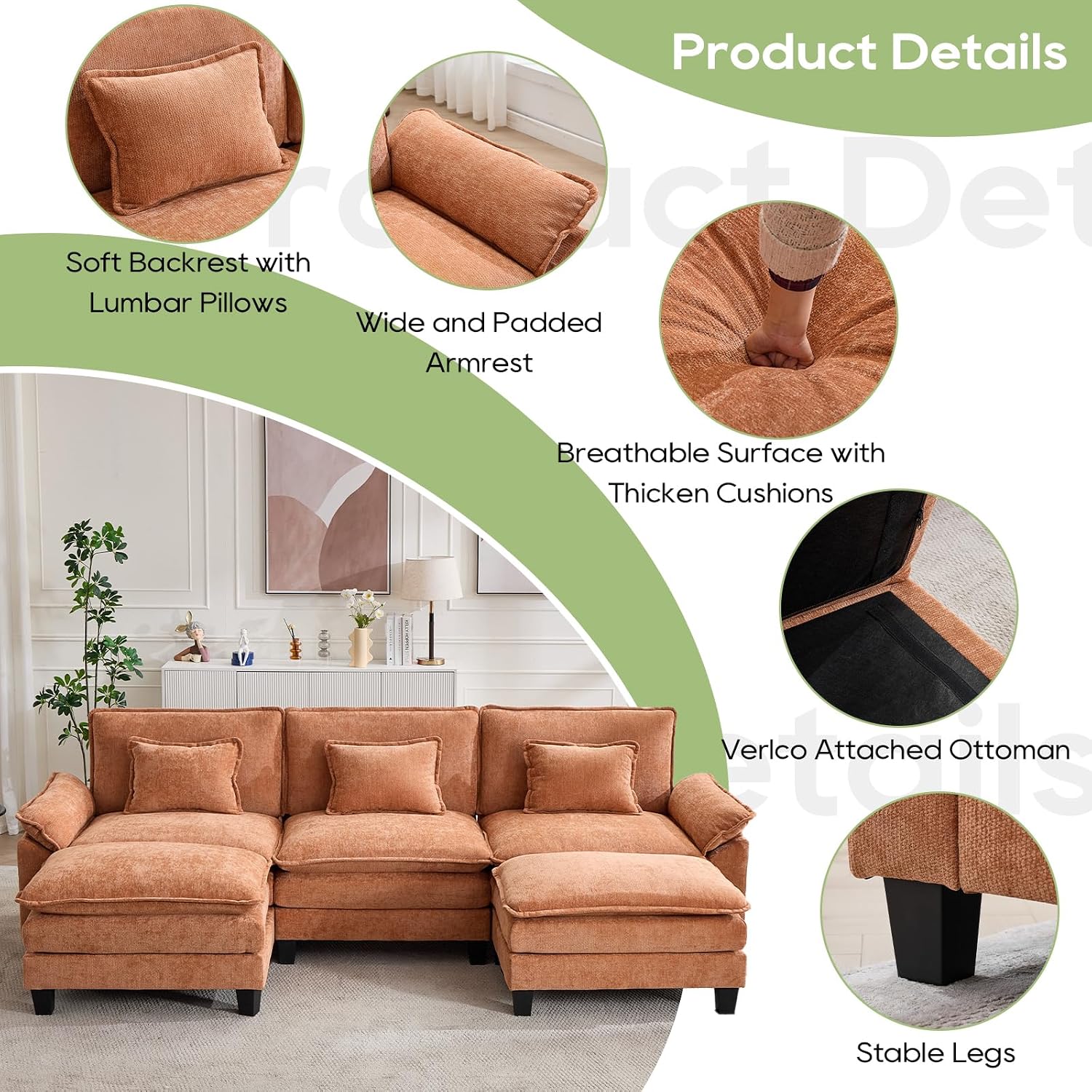 Oprisen 120' Modular Sectional Sofa, Comfy Cloud Couch Sectional Sofa with Ottoman, Chenille Sofa Sleeper Deep Seat Sofa with Throw Pillows for Living Room (Orange, 120'- U Shape)