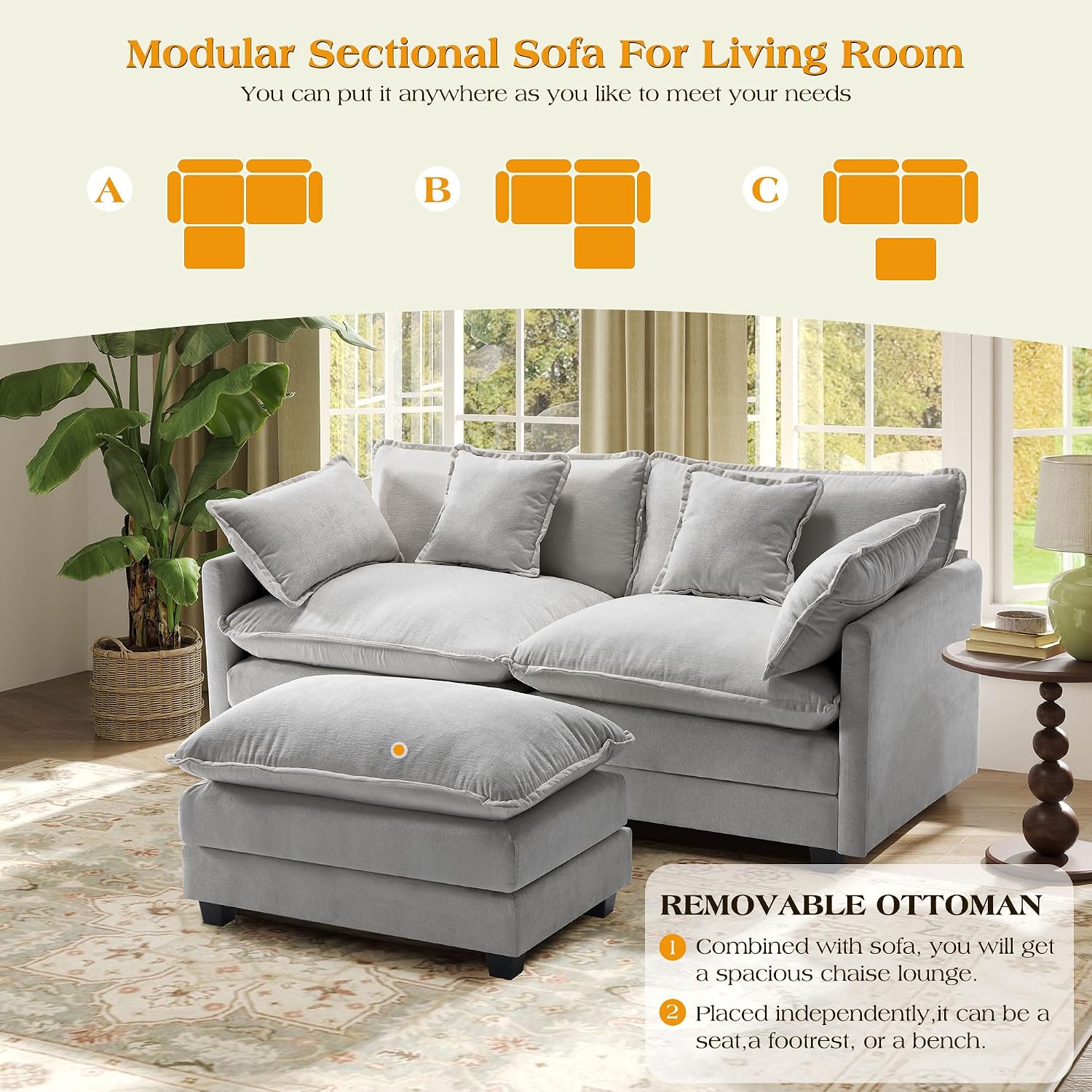 77.6' Modular Sectional Sofa,Loveseat Couch for Living Room, Modern Deep Seat Sofa 2 Seater Chenille Fabric Comfy Cloud Couches with Throw Pillows & Ottoman for Apartment,Small Spaces