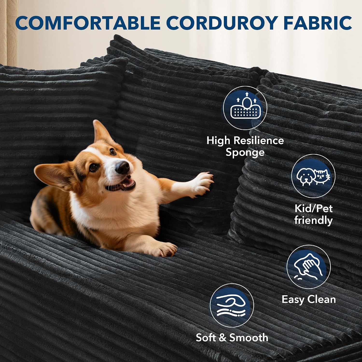 Garvee Modular Sectional Sofa Cloud Sectional Couch, 106' Comfy Fluffy L Shaped Black Couches for Living Room,Oversized Sofa Sleeper with Deep Seat, No Assembly Required, Black