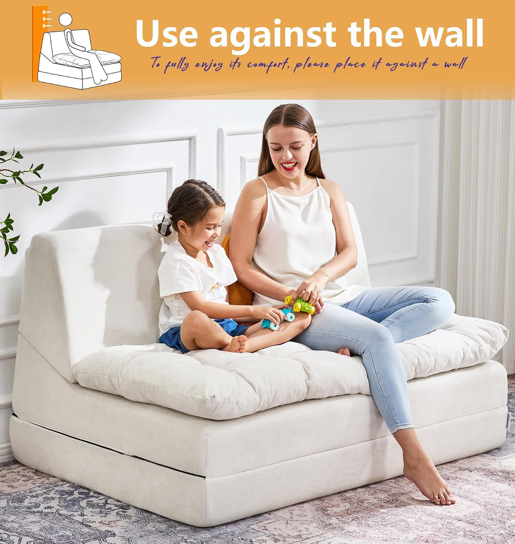Hobestluk Sofa Couch Folding Sofa Bed Sleeper Comfy Floor Lounger Loveseat Sofa with Removable Cushion Couches Foldable Mattress for Living Room Bedroom or Office (Chenille Beige, Oversize)