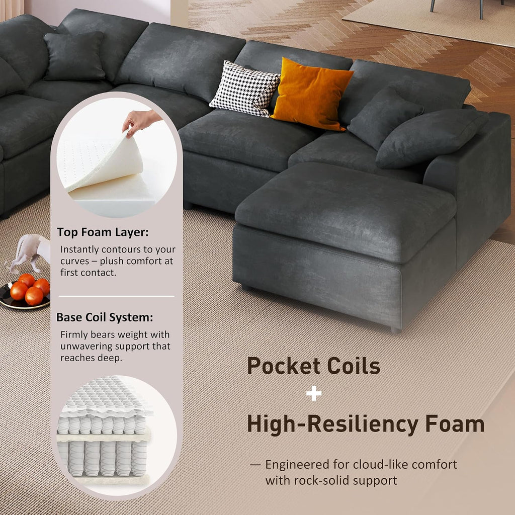 124.8' W Modular Sectional Sofa L Shaped Modern Couch with Ottoman, Deep Seat and Wide Chaise for Living Room, Gray
