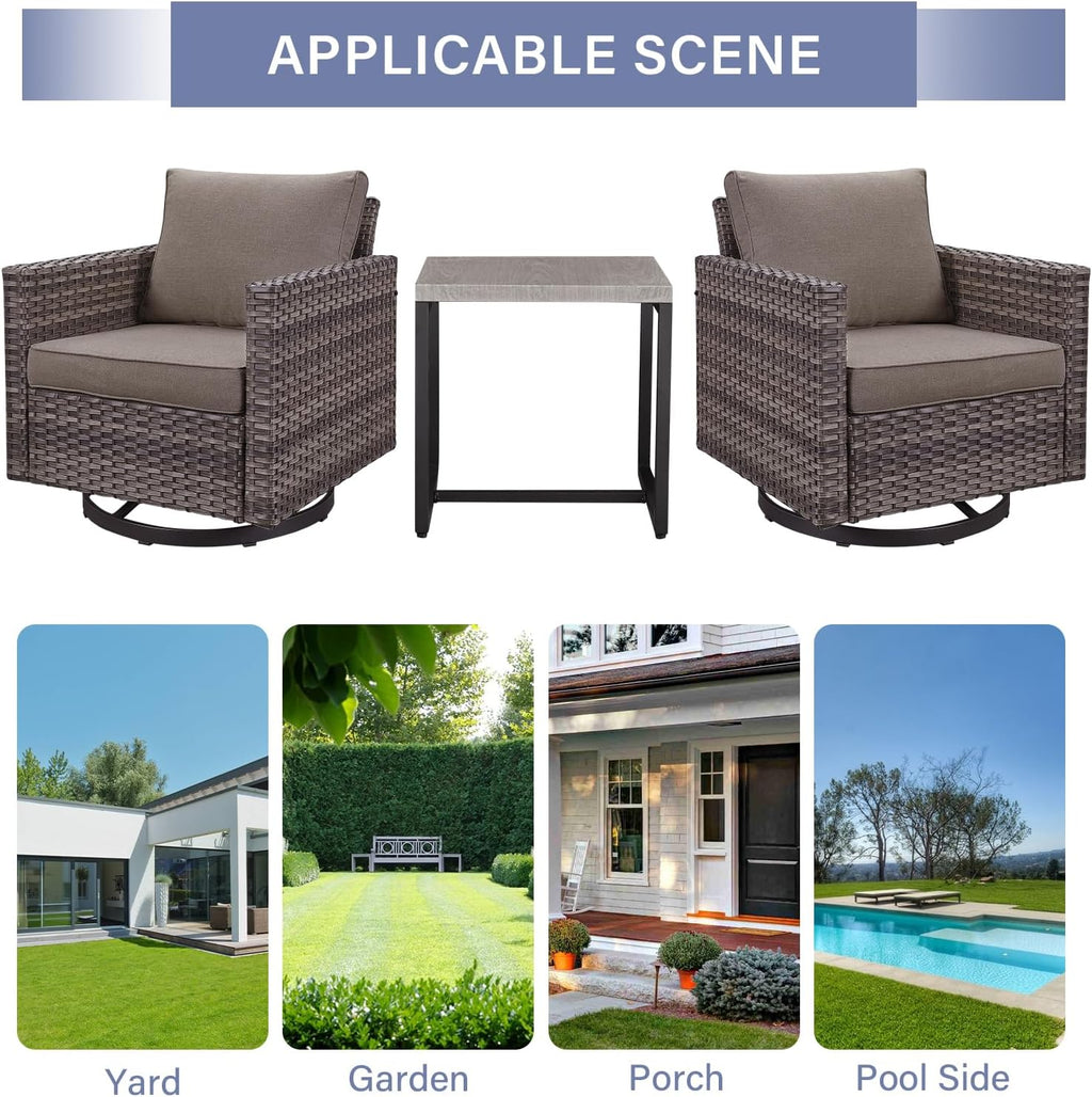 Luxury Outdoor Patio Swivel Rocker Chairs - 3 Piece Wicker Patio Furniture Bistro Swivel Rocking Chairs Set with Comfortable Cushions,Sturdy Metal Frame and Side Table for Porch Deck(Mixed Grey/Grey)
